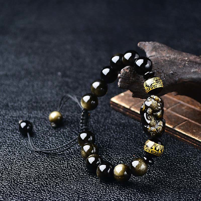 Buddha Stones Natuurlijke goudkleurige obsidiaan PiXiu Om Mani Padme Hum beschermende Armband - 10mm(Polsomtrek: 16-17 cm) - image 0