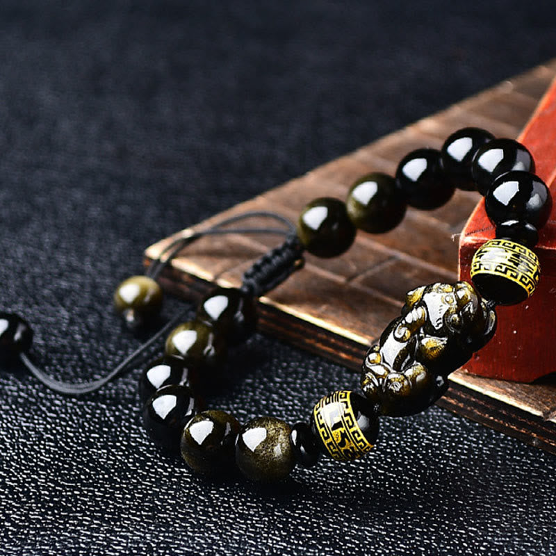 Buddha Stones Natuurlijke goudkleurige obsidiaan PiXiu Om Mani Padme Hum beschermende Armband - image 1