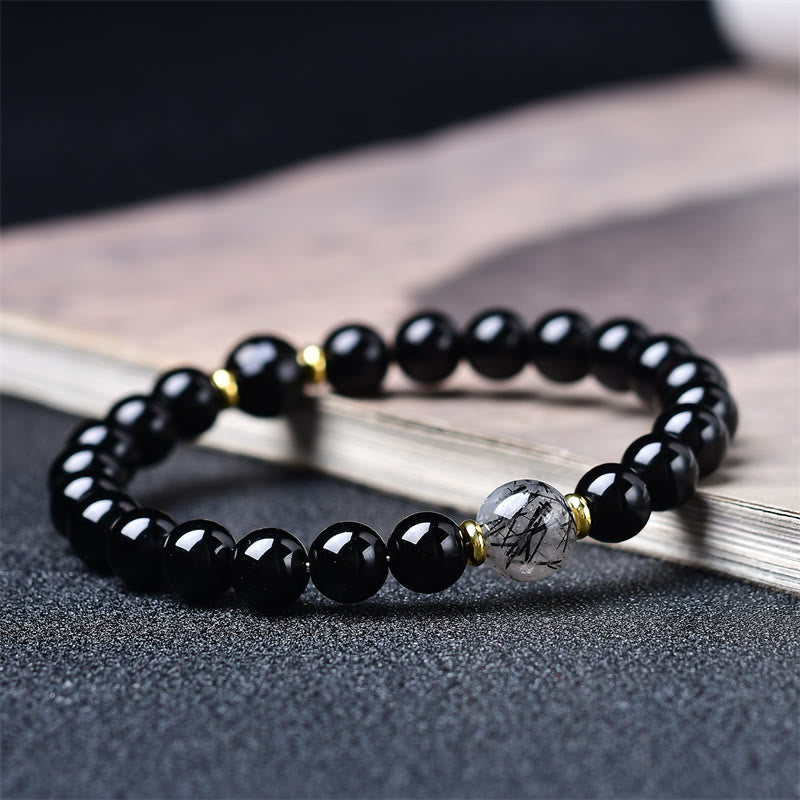 Buddha Stones Natuurlijke zwarte obsidiaan, zwarte rutielkwarts Armband - 10mm(Polsomtrek: 16-17 cm) - image 0