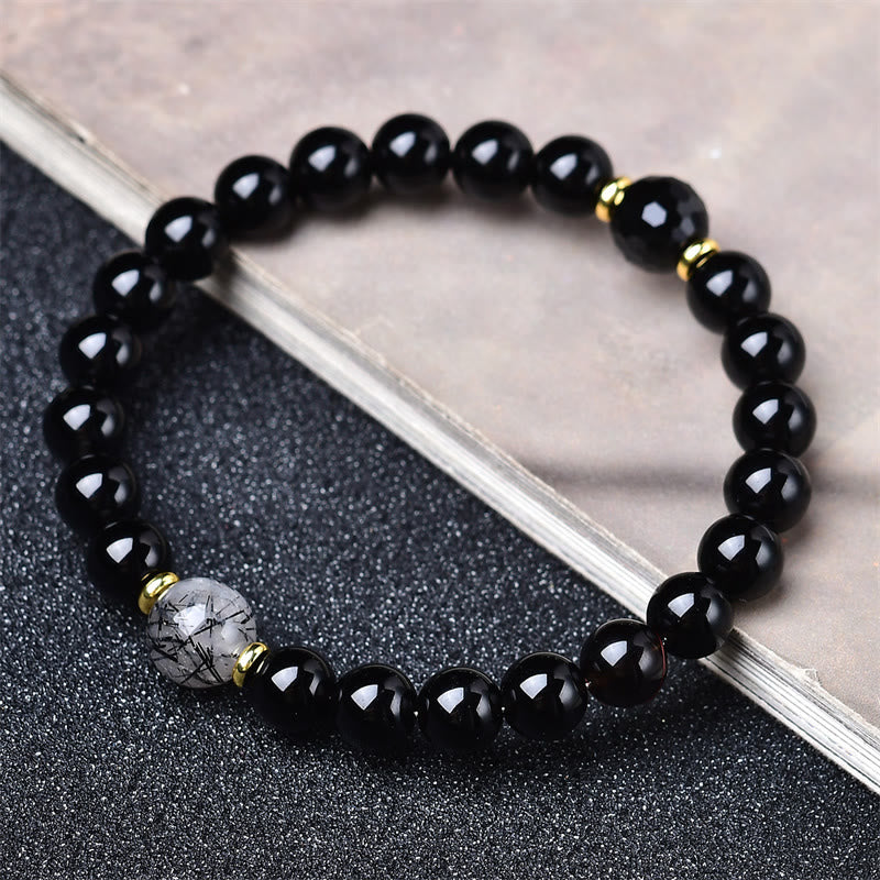 Buddha Stones Natuurlijke zwarte obsidiaan, zwarte rutielkwarts Armband - image 1