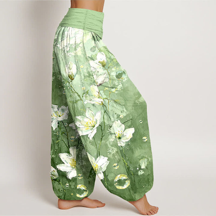 Buddha Stones Harembroek voor dames van 100% Cotton met aquarel wit lotuspatroon en elastische Taille - image 1