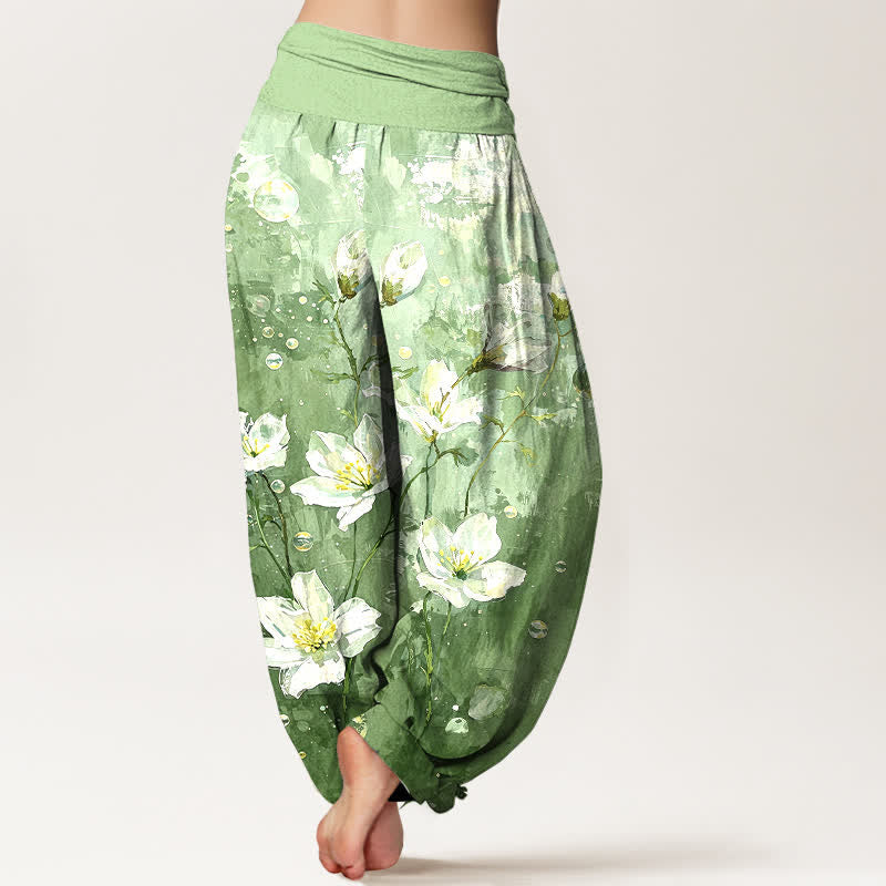 Buddha Stones Harembroek voor dames van 100% Cotton met aquarel wit lotuspatroon en elastische Taille - image 2