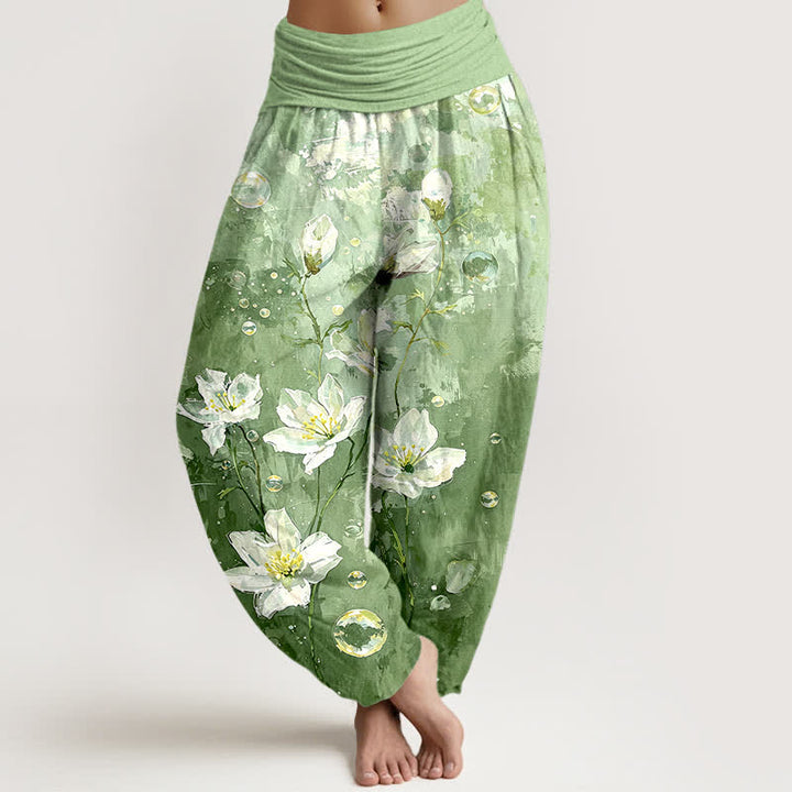 Buddha Stones Harembroek voor dames van 100% Cotton met aquarel wit lotuspatroon en elastische Taille - Lichtgroen - US16, UK/AU20, EU48 (3XL) - image 0