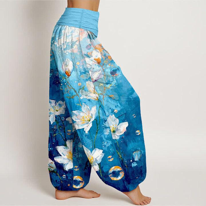 Buddha Stones Harembroek voor dames van 100% Cotton met aquarel wit lotuspatroon en elastische Taille - image 4