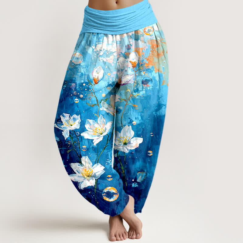 Buddha Stones Harembroek voor dames van 100% Cotton met aquarel wit lotuspatroon en elastische Taille - Turkoois - US16, UK/AU20, EU48 (3XL) - image 3