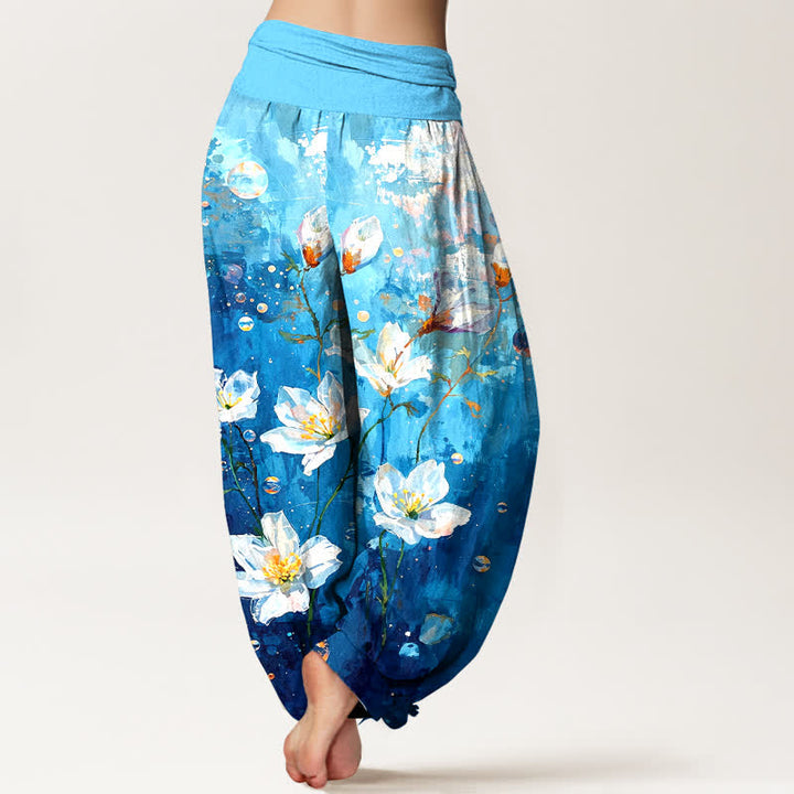 Buddha Stones Harembroek voor dames van 100% Cotton met aquarel wit lotuspatroon en elastische Taille - image 5