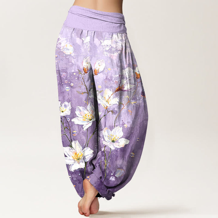 Buddha Stones Harembroek voor dames van 100% Cotton met aquarel wit lotuspatroon en elastische Taille - image 8