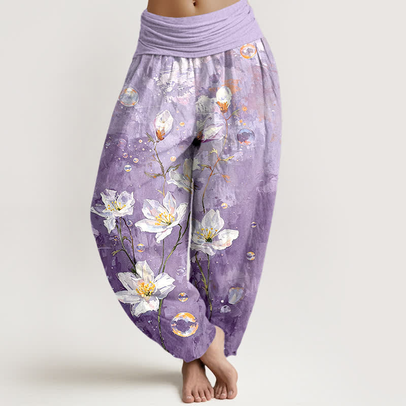 Buddha Stones Harembroek voor dames van 100% Cotton met aquarel wit lotuspatroon en elastische Taille - Lavendel - US16, UK/AU20, EU48 (3XL) - image 6