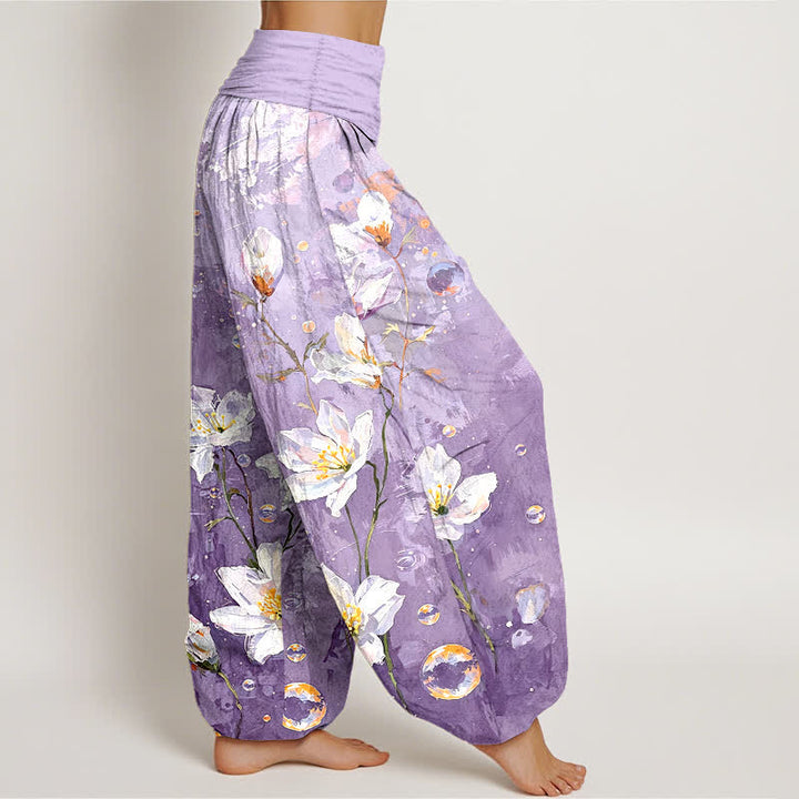 Buddha Stones Harembroek voor dames van 100% Cotton met aquarel wit lotuspatroon en elastische Taille - image 7