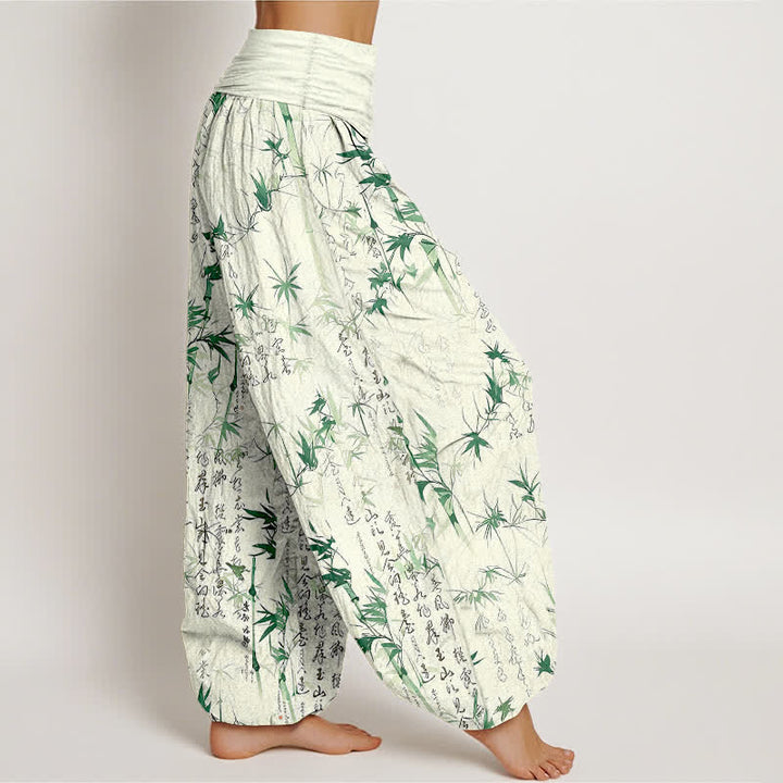 Buddha Stones Harembroek voor dames met elastische Taille , 100% Cotton met een bamboeblad-kalligrafiepatroon. - image 1