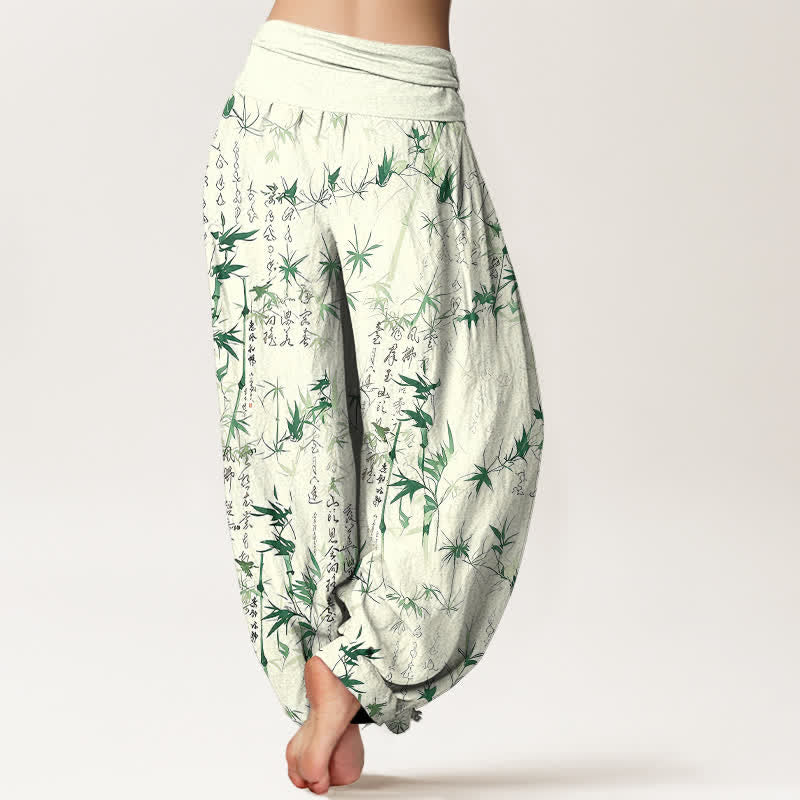 Buddha Stones Harembroek voor dames met elastische Taille , 100% Cotton met een bamboeblad-kalligrafiepatroon. - image 2