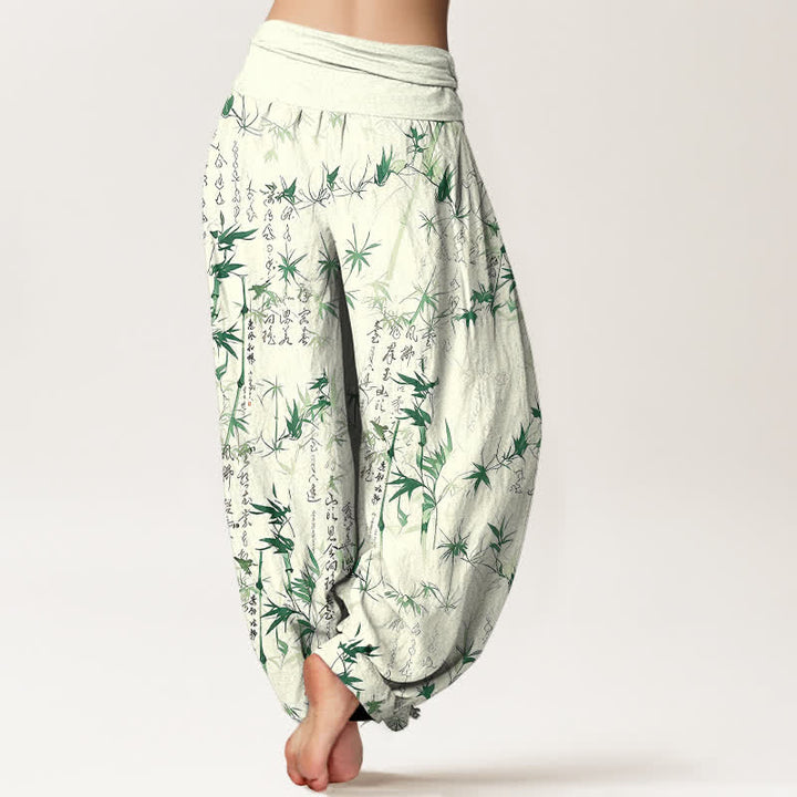 Buddha Stones Harembroek voor dames met elastische Taille , 100% Cotton met een bamboeblad-kalligrafiepatroon. - image 2