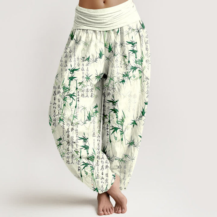 Buddha Stones Harembroek voor dames met elastische Taille , 100% Cotton met een bamboeblad-kalligrafiepatroon. - Groente - US16, UK/AU20, EU48 (3XL) - image 0