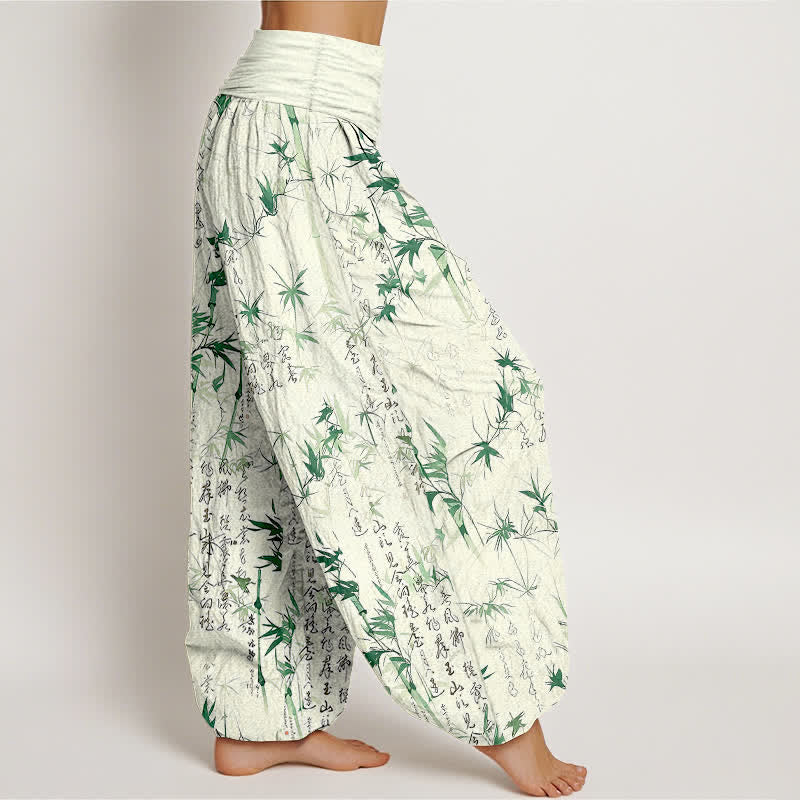 Buddha Stones Harembroek voor dames met elastische Taille , 100% Cotton met een bamboeblad-kalligrafiepatroon. - image 1