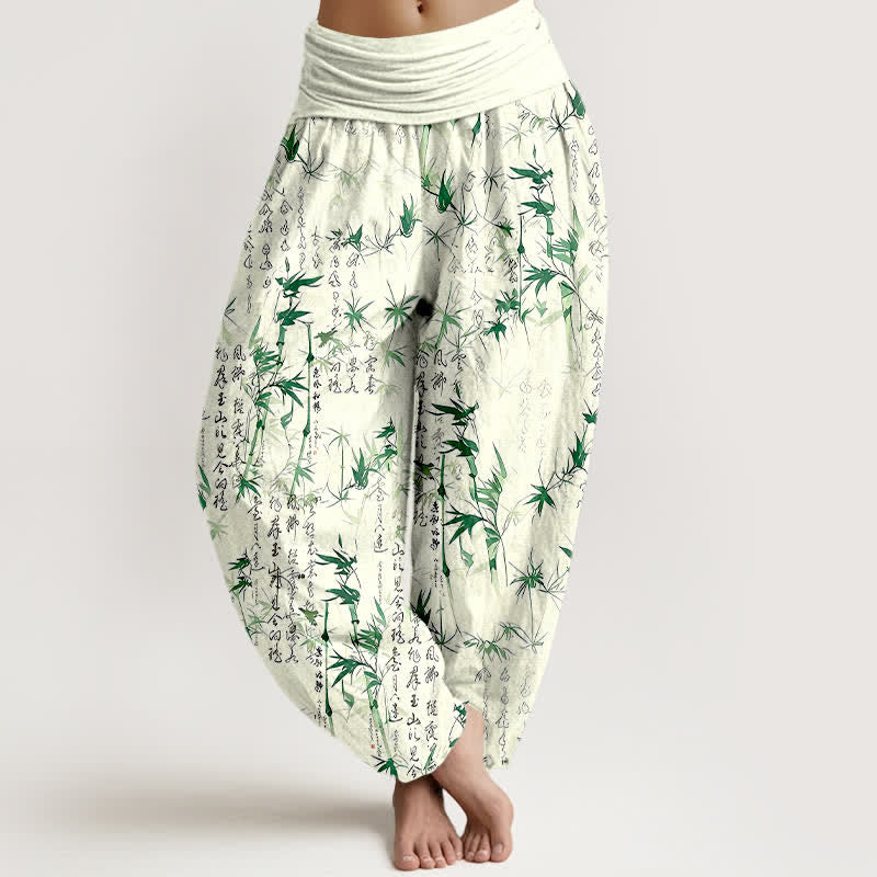 Buddha Stones Harembroek voor dames met elastische Taille , 100% Cotton met een bamboeblad-kalligrafiepatroon. - Groente - US16, UK/AU20, EU48 (3XL) - image 0