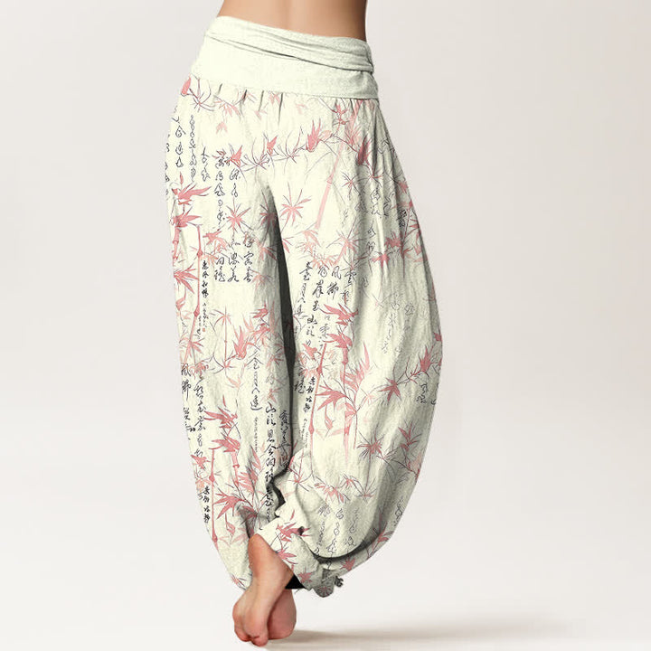 Buddha Stones Harembroek voor dames met elastische Taille , 100% Cotton met een bamboeblad-kalligrafiepatroon. - image 5