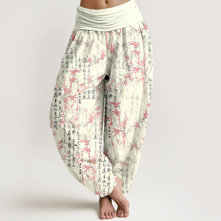 Buddha Stones Harembroek voor dames met elastische Taille , 100% Cotton met een bamboeblad-kalligrafiepatroon. - Roze - US16, UK/AU20, EU48 (3XL) - image 3