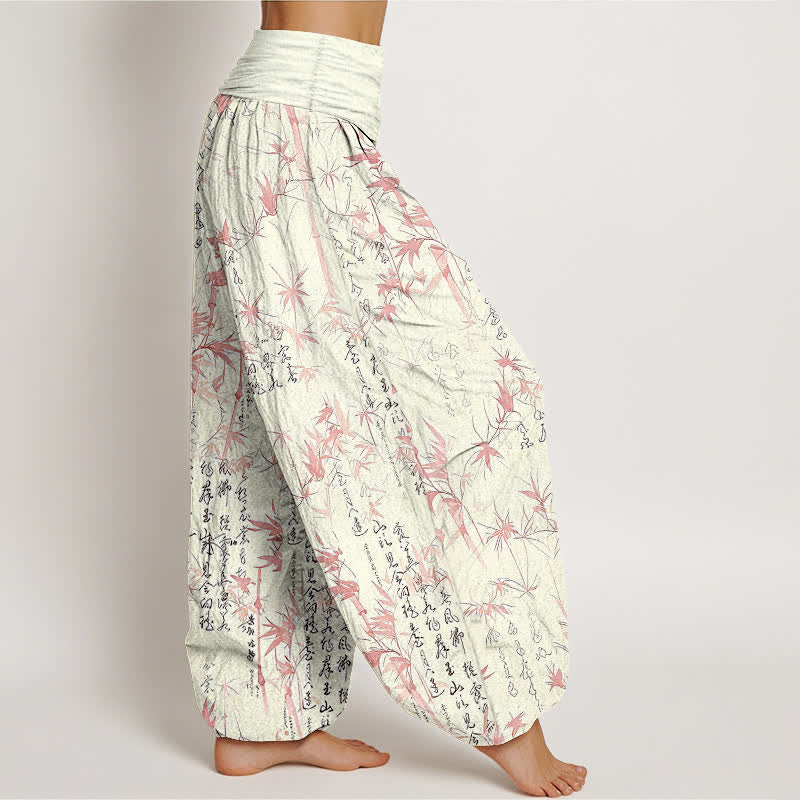 Buddha Stones Harembroek voor dames met elastische Taille , 100% Cotton met een bamboeblad-kalligrafiepatroon. - image 4
