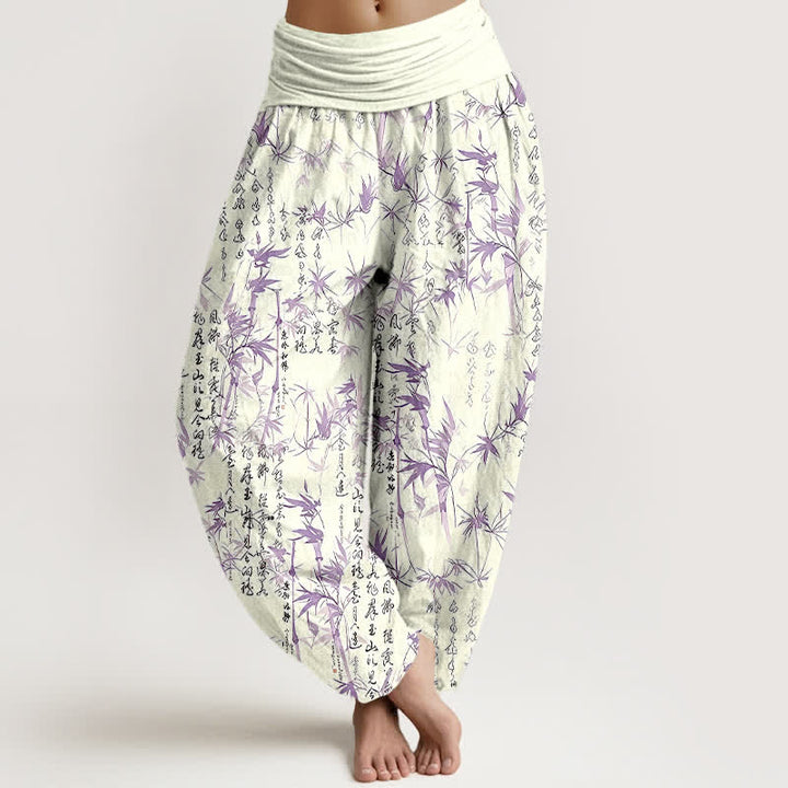 Buddha Stones Harembroek voor dames met elastische Taille , 100% Cotton met een bamboeblad-kalligrafiepatroon. - Donkere Orchidee - US16, UK/AU20, EU48 (3XL) - image 6