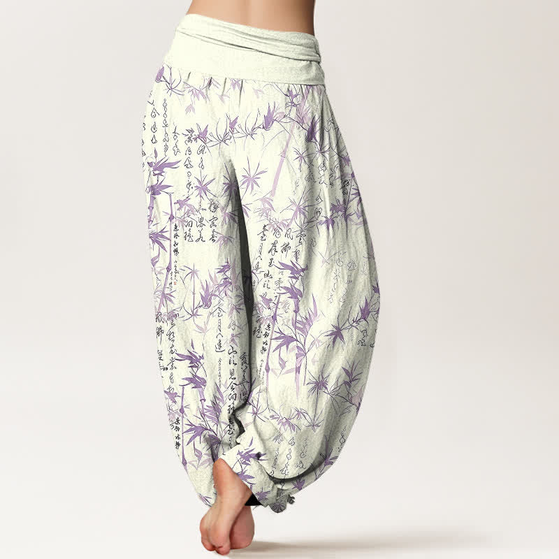 Buddha Stones Harembroek voor dames met elastische Taille , 100% Cotton met een bamboeblad-kalligrafiepatroon. - image 8