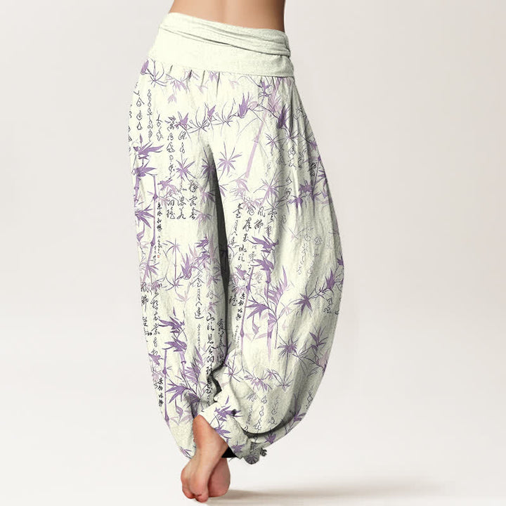 Buddha Stones Harembroek voor dames met elastische Taille , 100% Cotton met een bamboeblad-kalligrafiepatroon. - image 8