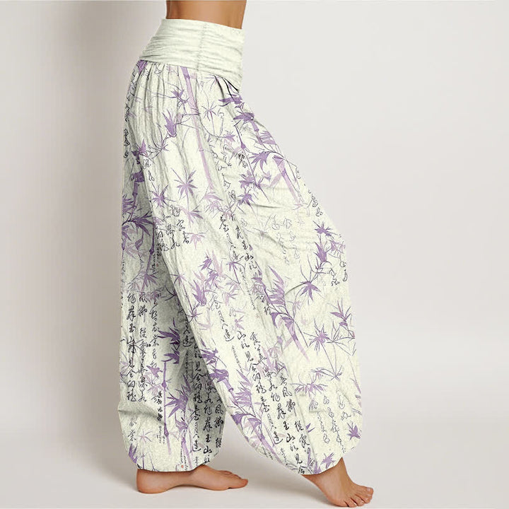 Buddha Stones Harembroek voor dames met elastische Taille , 100% Cotton met een bamboeblad-kalligrafiepatroon. - image 7