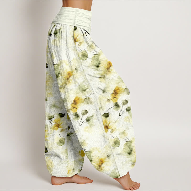 Buddha Stones Dames harembroek met elastische Taille en aquarel bloemen- en bladmotief. - image 1