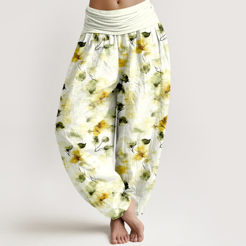 Buddha Stones Dames harembroek met elastische Taille en aquarel bloemen- en bladmotief. - Khaki - US16, UK/AU20, EU48 (3XL) - image 0