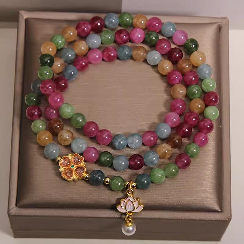 Buddha Stones Regenboog Toermalijn Lotus Wijsheid Drievoudige Wikkel Kralen Armband - image 1