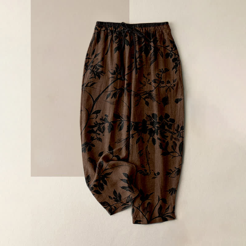 Buddha Stones 100% Cotton van puur katoen met botanisch bladpatroon, elastische Taille en Zakken. - Zadelbruin - US16, UK/AU20, EU48 (3XL) - image 0