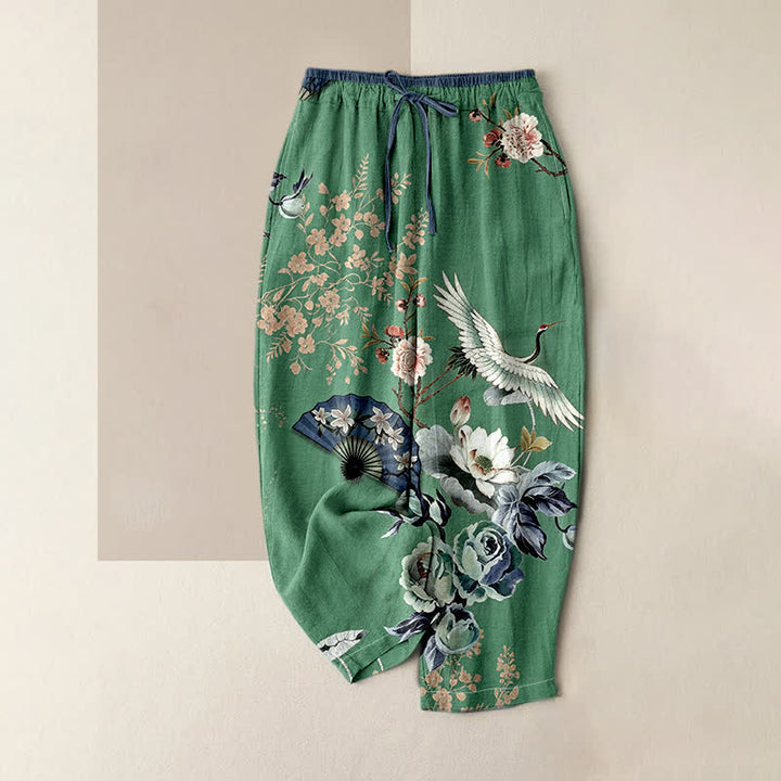 Buddha Stones Damesbroek van 100% Cotton met elastische Taille en Zakken , met oosters Waaier . - Zeegroen - US16, UK/AU20, EU48 (3XL) - image 4