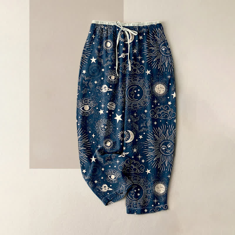 Buddha Stones Damesbroek van 100% Cotton met elastische Taille en Zakken , met een hemels patroon van zon, maan en sterren. - Marine - US16, UK/AU20, EU48 (3XL) - image 0