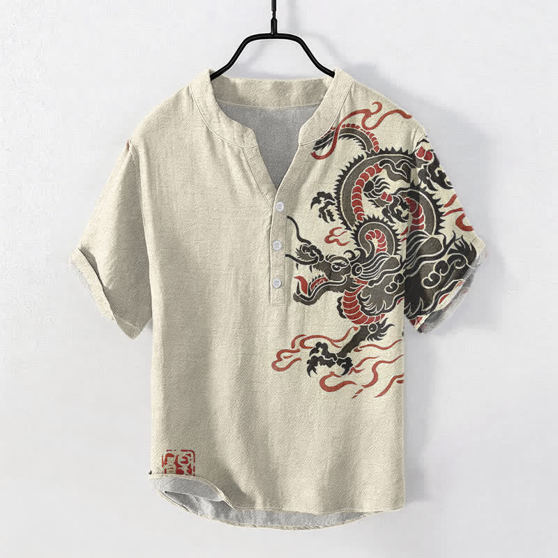 Buddha Stones Katoenen herenoverhemd met Korte mouw en halflange knoopsluiting, zwart en rood met drakenpatroon. - Beige - US/UK/AU50, EU60 (5XL) - image 0