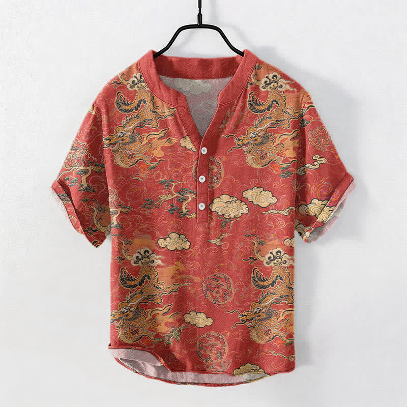 Buddha Stones Katoenen herenoverhemd met gouden draak en wolkenpatroon , Korte mouw en halve knoopsluiting. - Koraal - US/UK/AU50, EU60 (5XL) - image 0