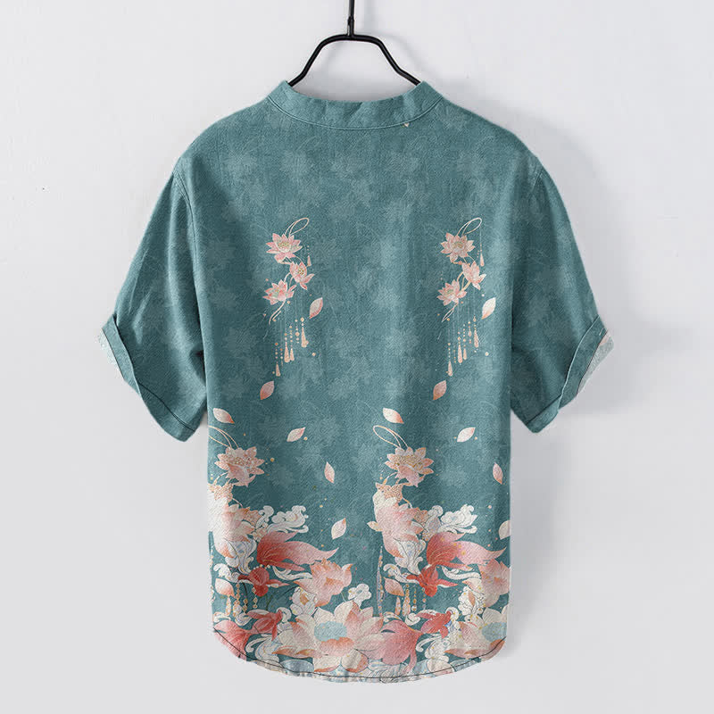 Buddha Stones Katoenen herenoverhemd met lotusmotief, Korte mouw en halve knoopsluiting. - image 1