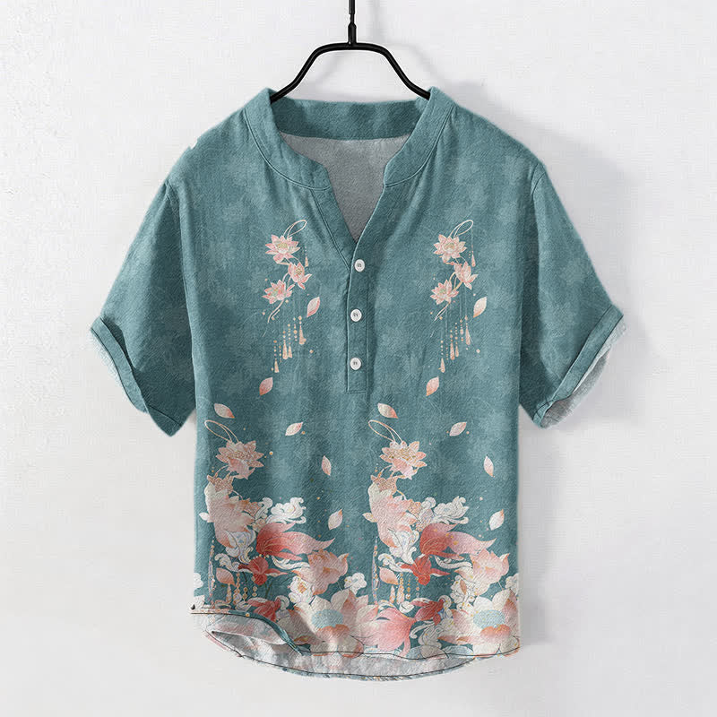 Buddha Stones Katoenen herenoverhemd met lotusmotief, Korte mouw en halve knoopsluiting. - Teal - US/UK/AU50, EU60 (5XL) - image 0