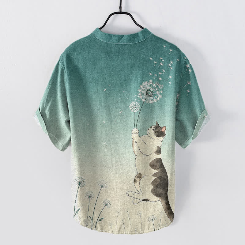 Buddha Stones Katoenen herenoverhemd met handgetekend katten- en paardenbloemmotief, Korte mouw en halve knoopsluiting. - image 1