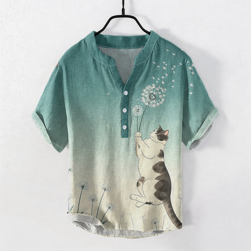 Buddha Stones Katoenen herenoverhemd met handgetekend katten- en paardenbloemmotief, Korte mouw en halve knoopsluiting. - Middelzeegroen - US/UK/AU50, EU60 (5XL) - image 0