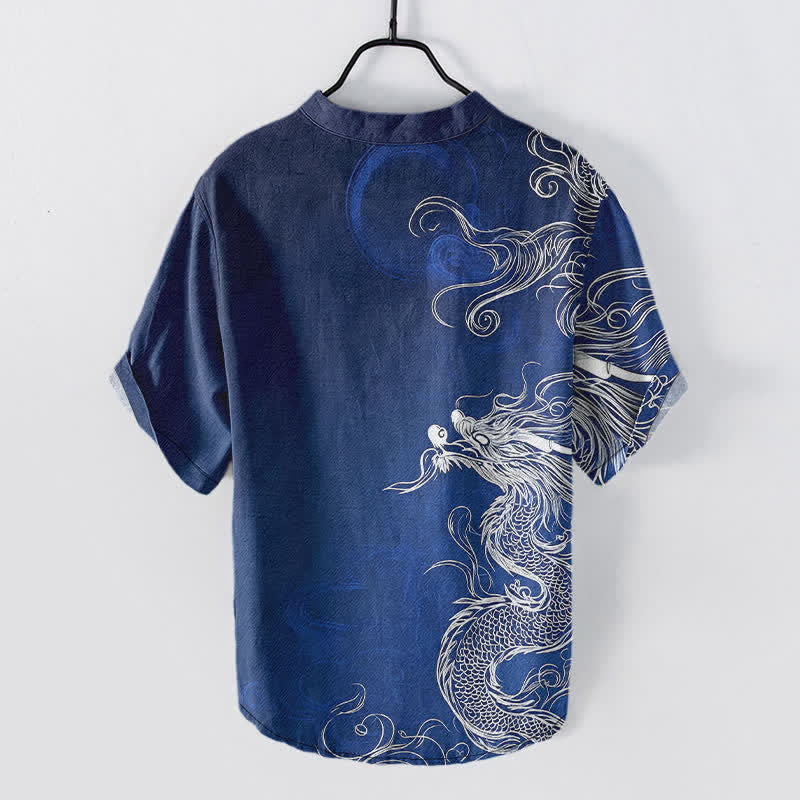 Buddha Stones Katoenen herenoverhemd met groot wit drakenpatroon , Korte mouw en halve knoopsluiting. - image 1