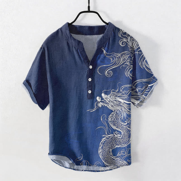 Buddha Stones Katoenen herenoverhemd met groot wit drakenpatroon , Korte mouw en halve knoopsluiting. - Marine - US/UK/AU50, EU60 (5XL) - image 0