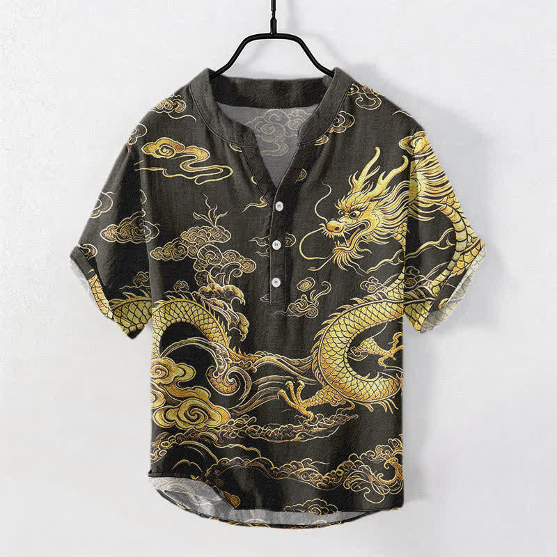 Buddha Stones Katoenen herenoverhemd met gouden draak en wolkenpatroon , Korte mouw en halve knoopsluiting. - Zwart - US/UK/AU50, EU60 (5XL) - image 0