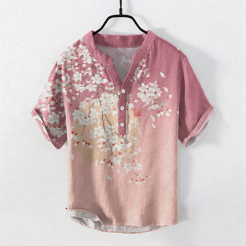 Buddha Stones Herenoverhemd met Korte mouw en halve knoopsluiting , 100% Cotton, met aquarelpatroon van kersenbloesems. - Lichtroze - US/UK/AU50, EU60 (5XL) - image 0