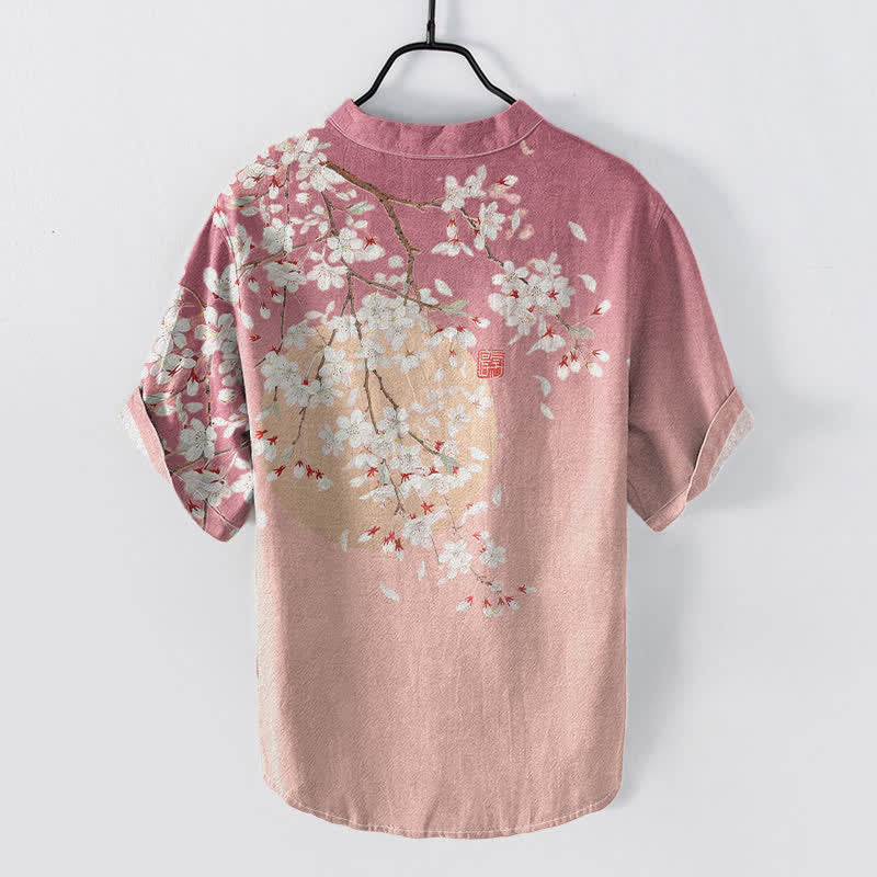 Buddha Stones Herenoverhemd met Korte mouw en halve knoopsluiting , 100% Cotton, met aquarelpatroon van kersenbloesems. - image 1