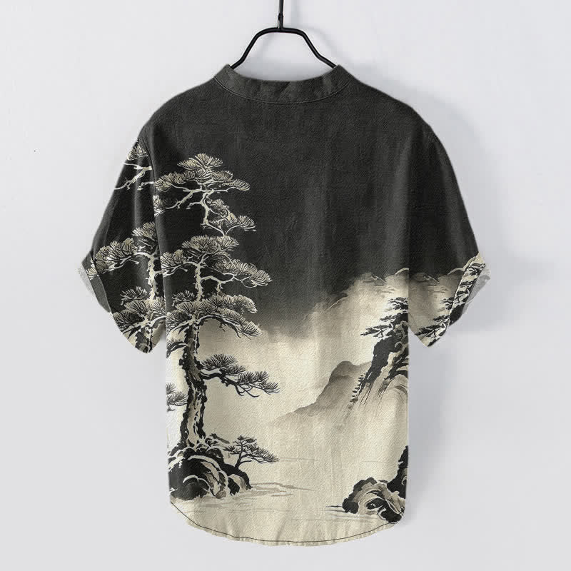 Buddha Stones Katoenen herenoverhemd met inktwas landschapspatroon, Korte mouw en halve knoopsluiting. - image 1