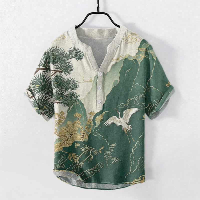 Buddha Stones Katoenen herenoverhemd met Korte mouw en halve knoopsluiting, met oosters bergkraanmotief. - Bosgroen - US/UK/AU50, EU60 (5XL) - image 0