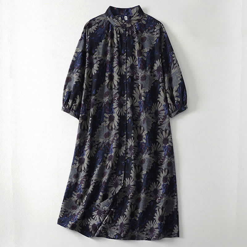 Buddha Stones Lente Vintage Jurk voor Dames met Mandarin kraag, Knoopsluiting en Bloemenprint , Mouw tot de elleboog en Zakken - Middernachtblauw - US12, UK/AU16, EU44 (2XL) - image 0