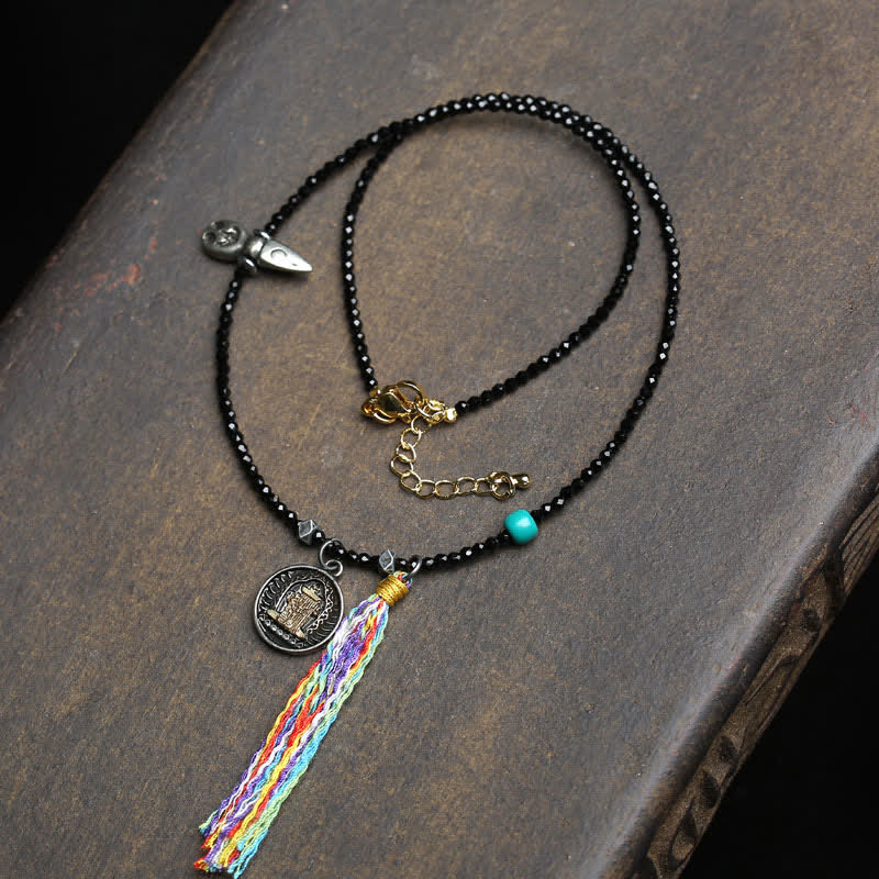Buddha Stones Ketting met zwarte spinel en turkooizen kralen ter bevordering van kracht - Kleurrijk touw - image 6