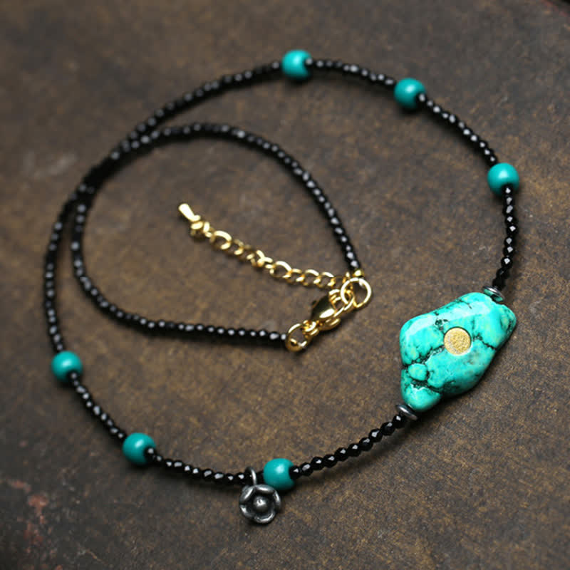 Buddha Stones Ketting met zwarte spinel en turkooizen kralen ter bevordering van kracht - image 1