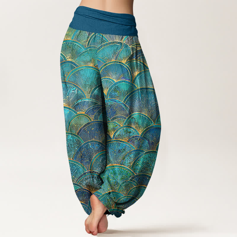 Buddha Stones Harembroek voor dames van 100% Cotton met turquoise Waaier en elastische Taille - image 1