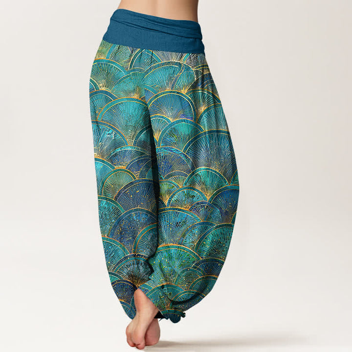 Buddha Stones Harembroek voor dames van 100% Cotton met turquoise Waaier en elastische Taille - image 1